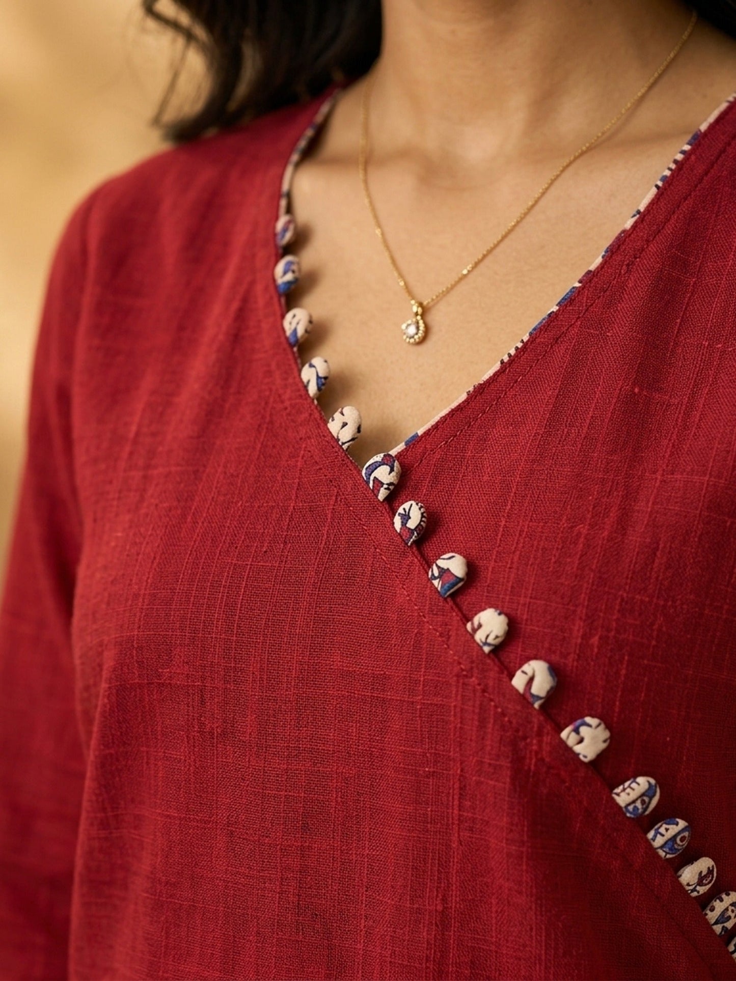 Refined Maroon Cotton Kurta with Folk Art Printed Wide Cuffs & Angrakha Wrap Neckline