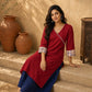 Refined Maroon Cotton Kurta with Folk Art Printed Wide Cuffs & Angrakha Wrap Neckline