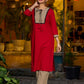 Elegant red kurta featuring a V-shaped striped neck panel