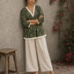 Earthy deep olive Jaipur floral top featuring box-pleated sleeves and delicate Hakoba accents for timeless elegance.
