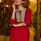 Elegant red kurta featuring a V-shaped striped neck panel