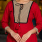 Elegant red kurta featuring a V-shaped striped neck panel