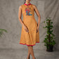 Mustard Gond printed mandarin collar dress with vibrant pink accents.