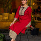 Elegant red kurta featuring a V-shaped striped neck panel