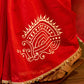 Graceful Red Chanderi Silk Saree with All-Over Handcrafted Alpana Art & Gold Trim