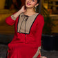Elegant red kurta featuring a V-shaped striped neck panel