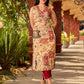Graceful cream all-over printed kurta adorned with an overlapping maroon zardozi-embroidered neckline and bold maroon detailing.