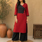 Sophisticated Maroon & Black Ikat Contrast Panel Cotton Kurta with Button Closure & V-Neckline
