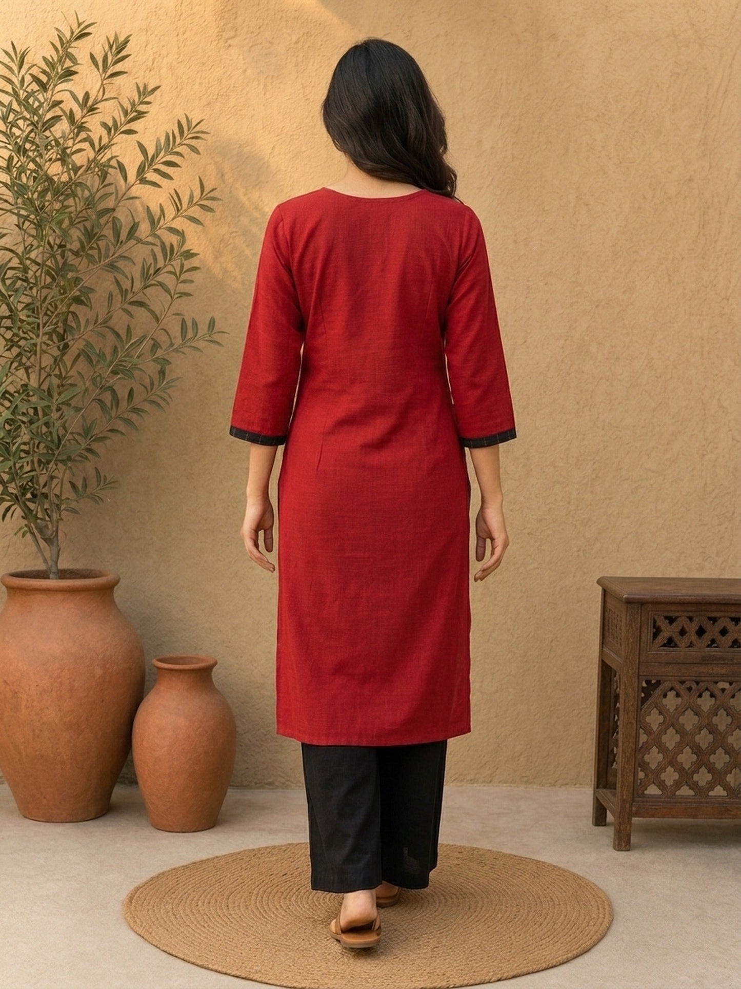 Sophisticated Maroon & Black Ikat Contrast Panel Cotton Kurta with Button Closure & V-Neckline