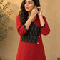 Sophisticated Maroon & Black Ikat Contrast Panel Cotton Kurta with Button Closure & V-Neckline