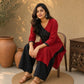 Sophisticated Maroon & Black Ikat Contrast Panel Cotton Kurta with Button Closure & V-Neckline
