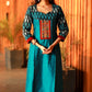 Firozi A-line cotton silk and Ikat combination kurta with Hand made Kutch mirror embroidery