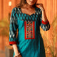 Firozi A-line cotton silk and Ikat combination kurta with Hand made Kutch mirror embroidery