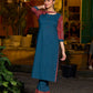 Teal kurta with contrasting Ajrakh sleeves and a chic neck cut
