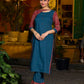 Teal kurta with contrasting Ajrakh sleeves and a chic neck cut