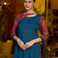 Teal kurta with contrasting Ajrakh sleeves and a chic neck cut