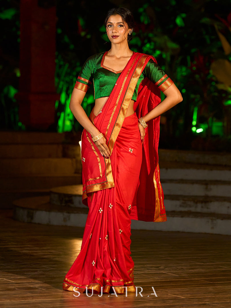 Heritage Red Assam Silk Saree with Zari Border & All-Over Hand Embroidery