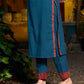 Teal kurta with contrasting Ajrakh sleeves and a chic neck cut