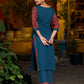 Teal kurta with contrasting Ajrakh sleeves and a chic neck cut