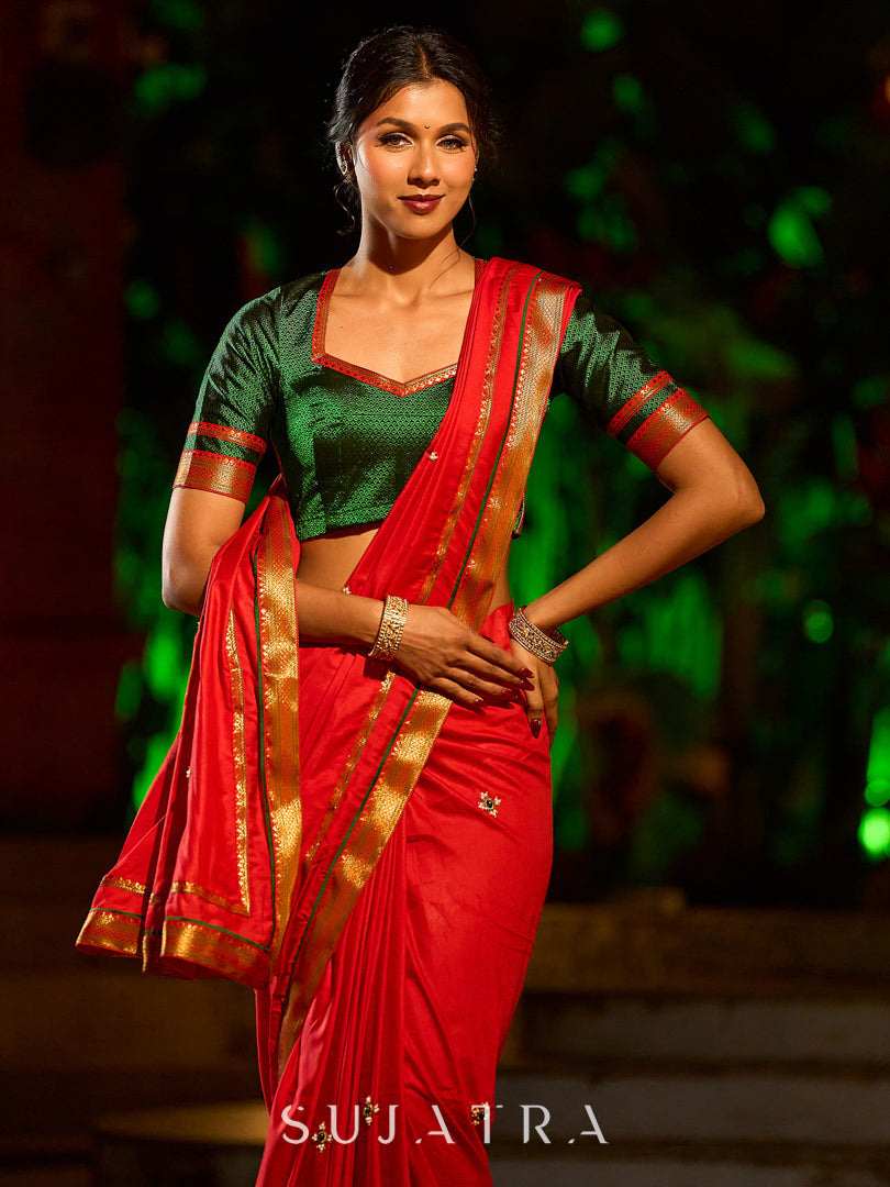 Heritage Red Assam Silk Saree with Zari Border & All-Over Hand Embroidery