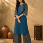 Vivid Teal Cotton Silk Straight Kurta with Contrast Printed Flared Sleeves & Yoke with Delicate Pink Lace Hem Detail