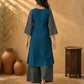 Vivid Teal Cotton Silk Straight Kurta with Contrast Printed Flared Sleeves & Yoke with Delicate Pink Lace Hem Detail