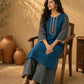 Vivid Teal Cotton Silk Straight Kurta with Contrast Printed Flared Sleeves & Yoke with Delicate Pink Lace Hem Detail