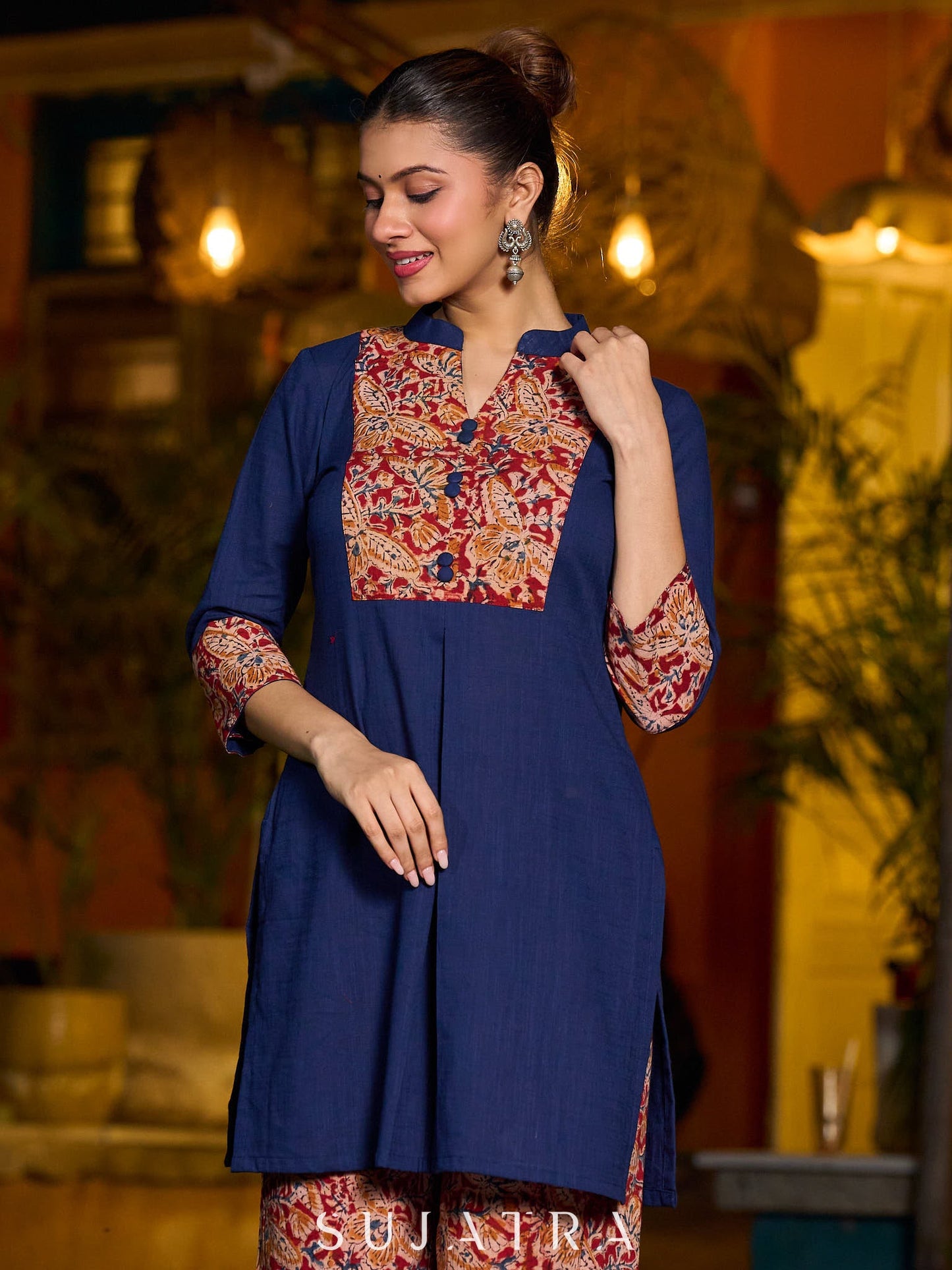 Minimal Navy Blue short kurta featuring an Ajrakh patch.