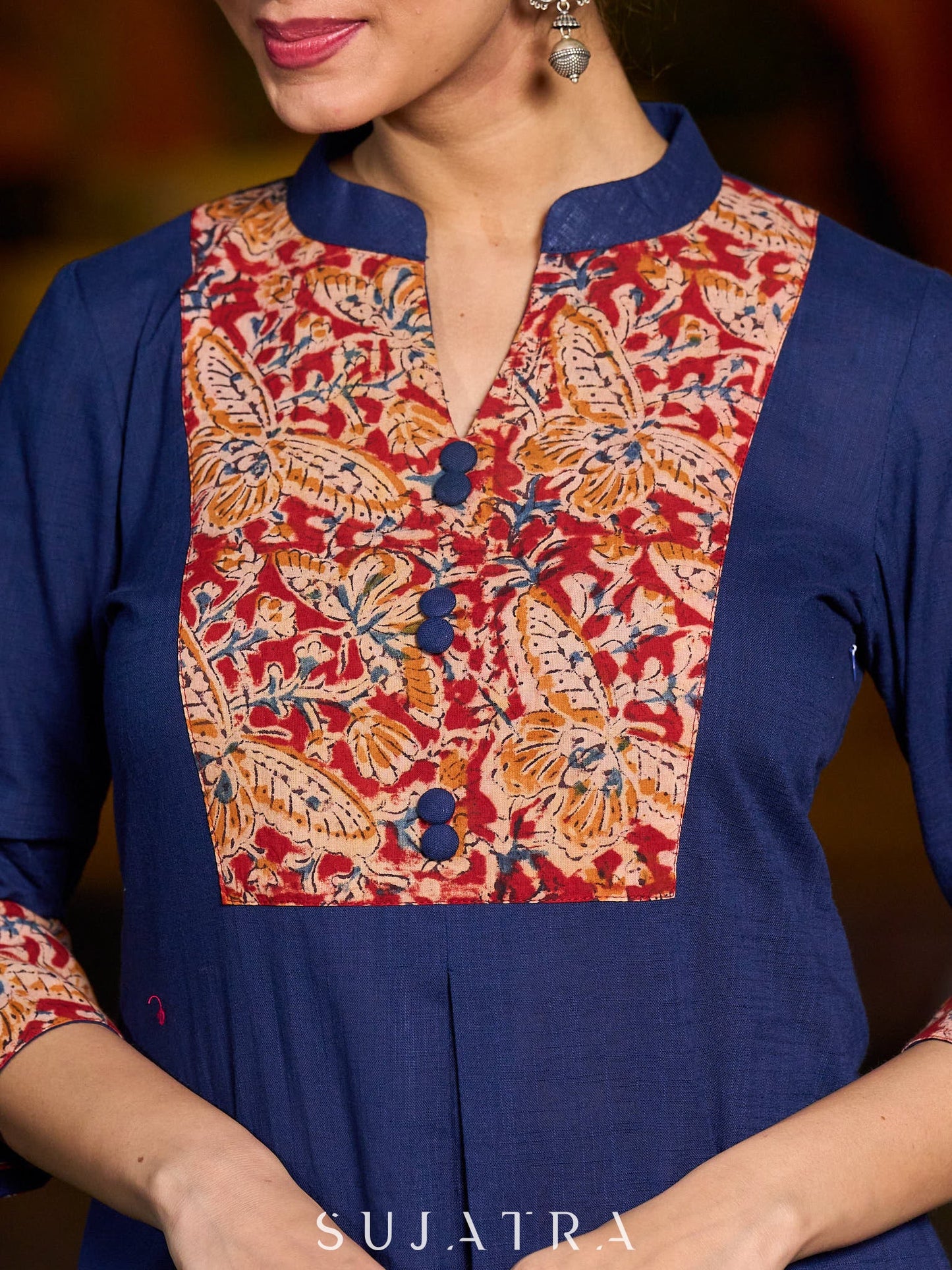 Minimal Navy Blue short kurta featuring an Ajrakh patch.