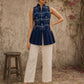Contemporary indigo top with delicate dragonfly motifs, high folded collar, and graceful pleated hemline.