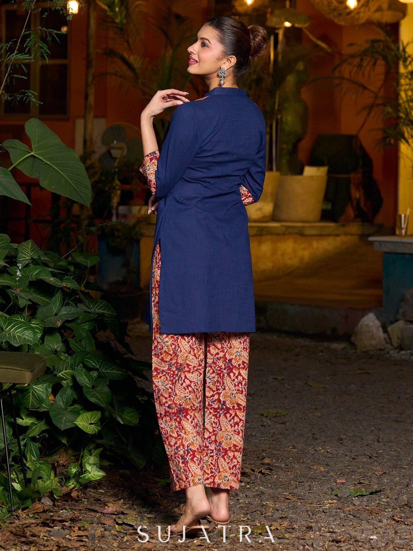 Minimal Navy Blue short kurta featuring an Ajrakh patch.