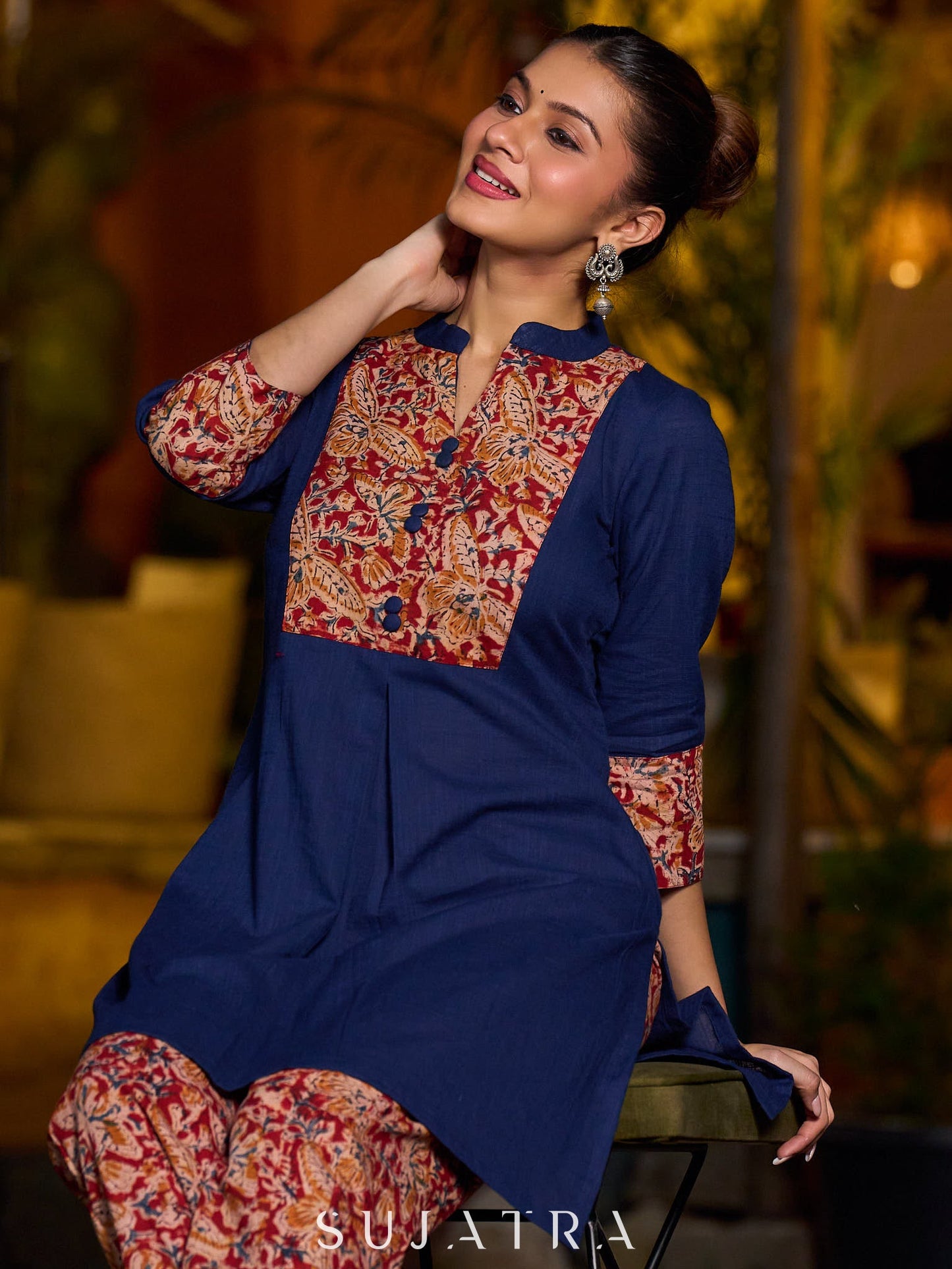 Minimal Navy Blue short kurta featuring an Ajrakh patch.