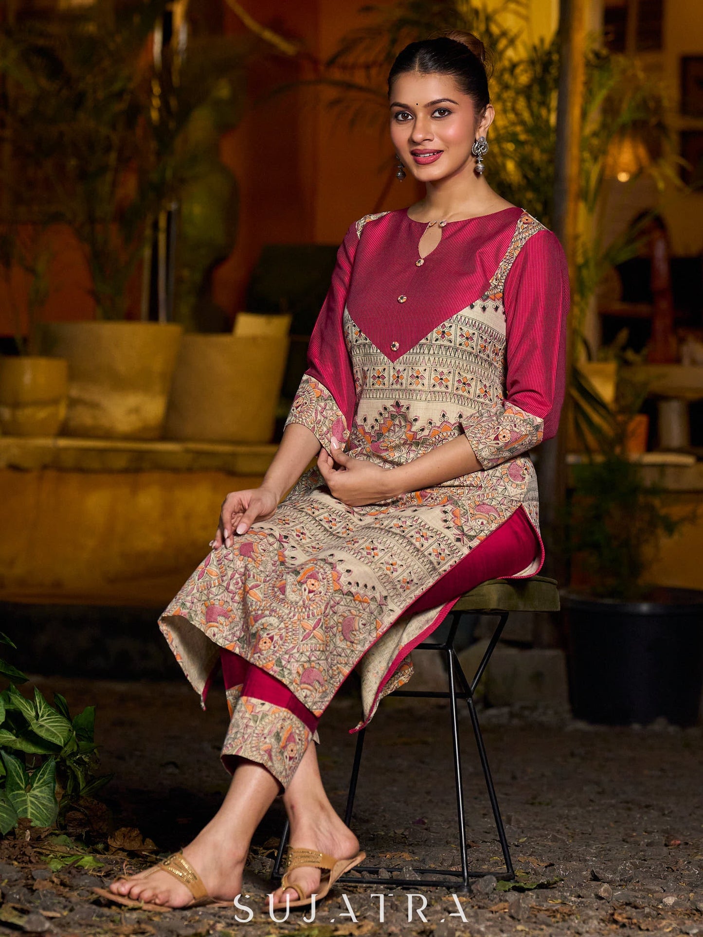 Stunning Madhubani kurta with bold pink stripe detailing