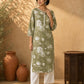 Simple Sage Green All-Over Floral Print Rayon Kurta with Contrast White Ric Rac Placket & Sleeve Trim