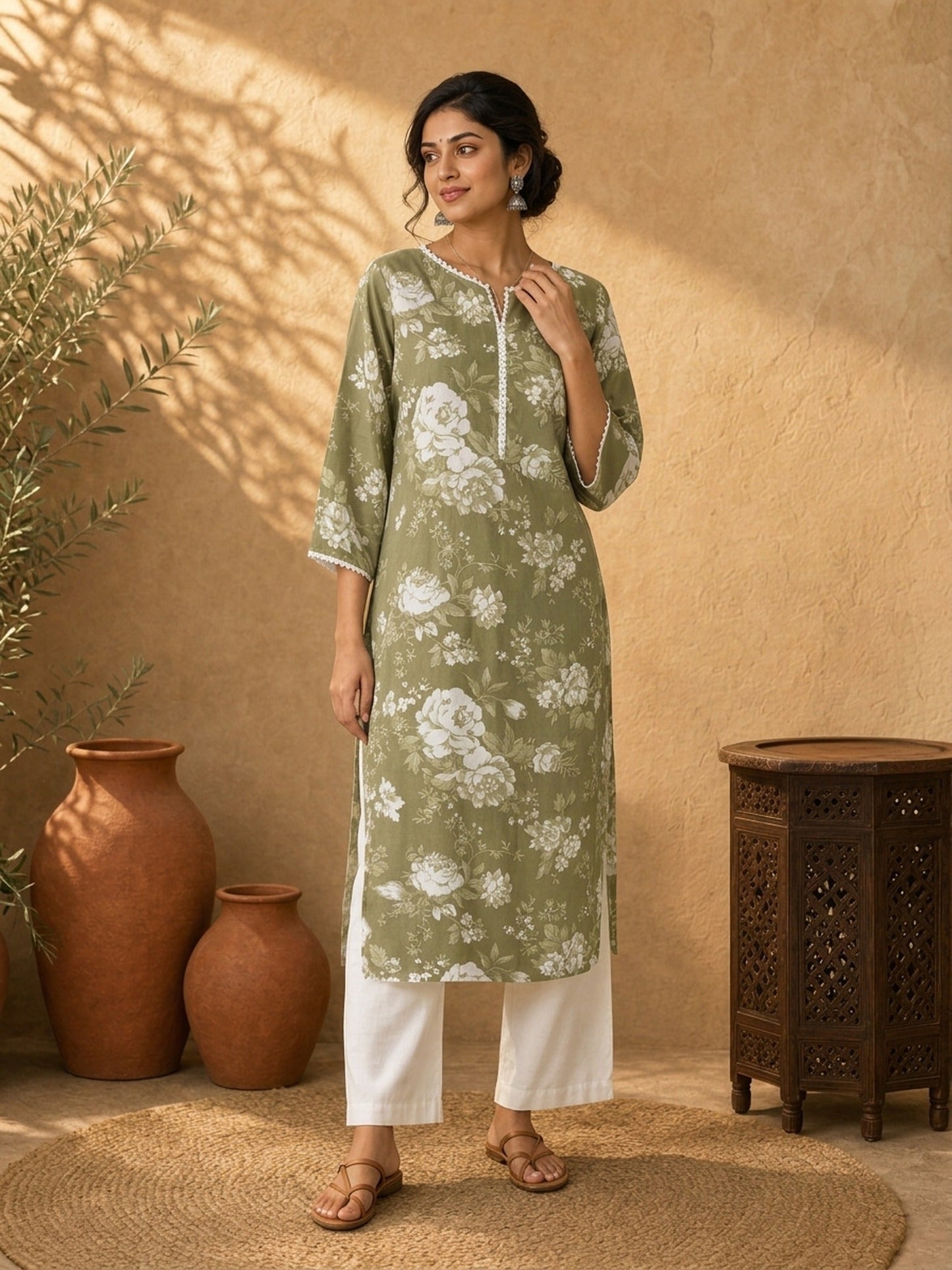 Simple Sage Green All-Over Floral Print Rayon Kurta with Contrast White Ric Rac Placket & Sleeve Trim