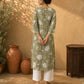 Simple Sage Green All-Over Floral Print Rayon Kurta with Contrast White Ric Rac Placket & Sleeve Trim