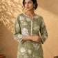 Simple Sage Green All-Over Floral Print Rayon Kurta with Contrast White Ric Rac Placket & Sleeve Trim