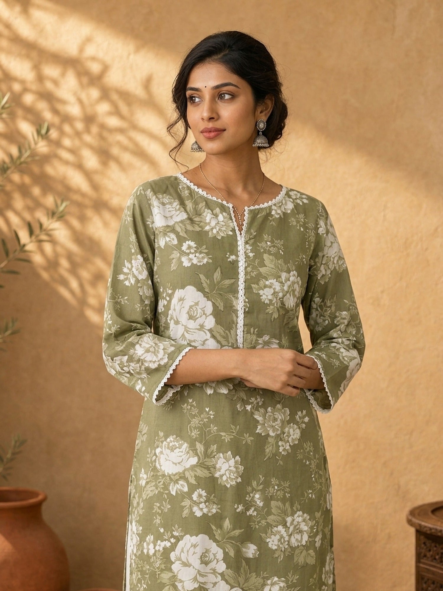 Simple Sage Green All-Over Floral Print Rayon Kurta with Contrast White Ric Rac Placket & Sleeve Trim