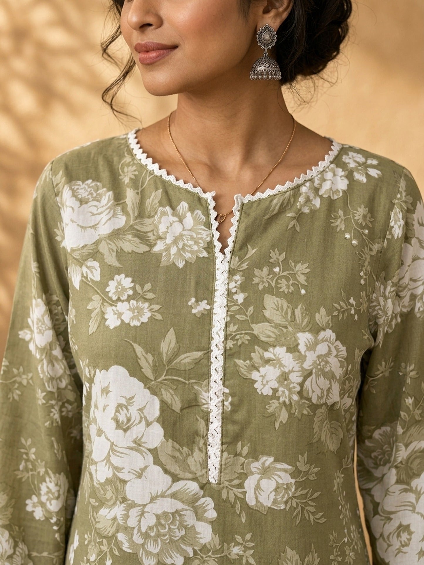 Simple Sage Green All-Over Floral Print Rayon Kurta with Contrast White Ric Rac Placket & Sleeve Trim