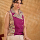 Elegant Madhubani jacket featuring magenta panels, asymmetrical closure, and a notch collar, enhanced with matching accents for a clean, tailored silhouette ideal for elevated corporate wear.
