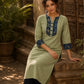 Sage Green Cotton Kurta with Ajrakh Yoke Panel & Matching Cuff Band