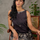 Black digital printed sleeveless dress with straight printed strip neckline and beige accents