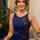 Modern navy dress enhanced by delicate, artistic Kalamkari side-applique work.