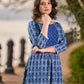 Indigo Printed Kurta with Statement Neck Patch, Flowing Gathers and Pearl Embellished Sleeves
