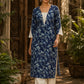 Bold Navy Blue Floral Print Kurta with Ivory Hakoba Cuffs & Pearl Embellished Placket