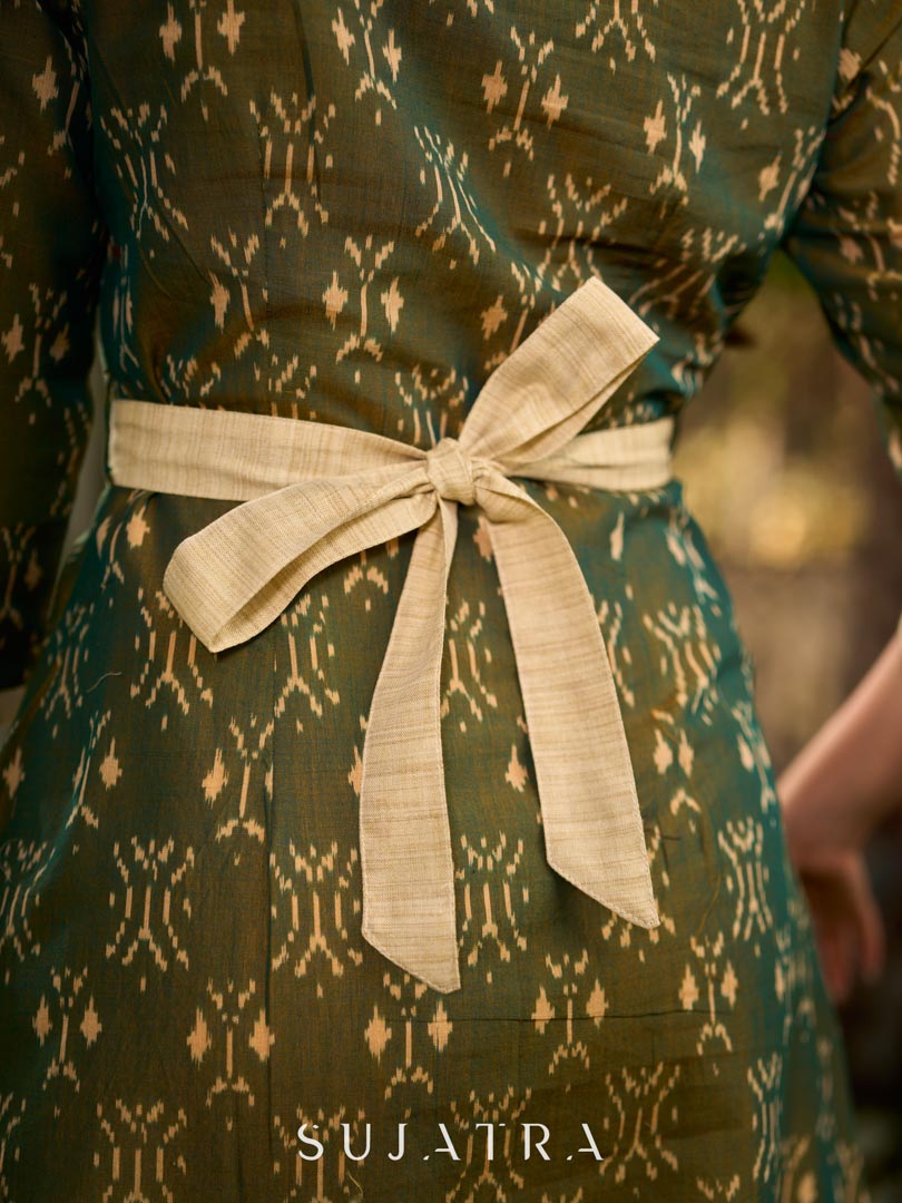 Statement olive green two-tone Ikat dress elevated with cream?gold accents, a structured belt for definition, and a subtle left-front slit.