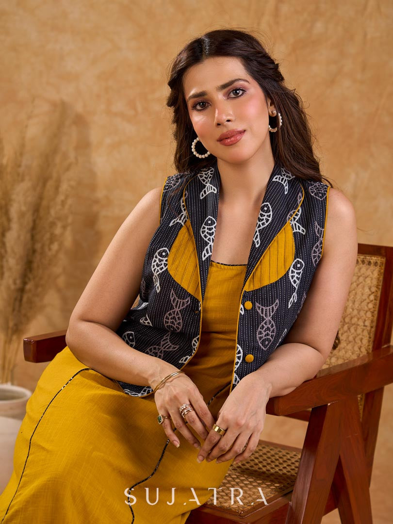 Tailored black Kantha jacket featuring fish motifs, a mustard pintuck patch, and a flipped collar, offering a structured silhouette with refined detail and distinctive, contemporary character.