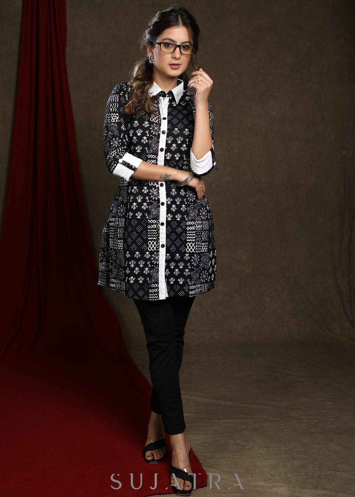 Trendy cotton black printed shirt styled tunic
