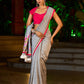 Delicate Grey Saree with Sequin Detailing  & Pink Floral Embroidery & Pink Border with Lace Accent