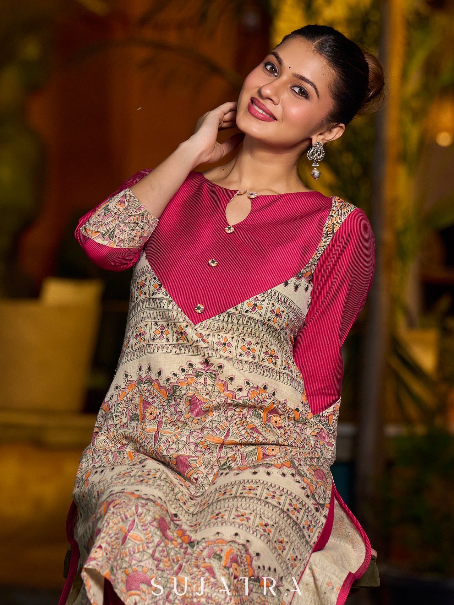 Stunning Madhubani kurta with bold pink stripe detailing